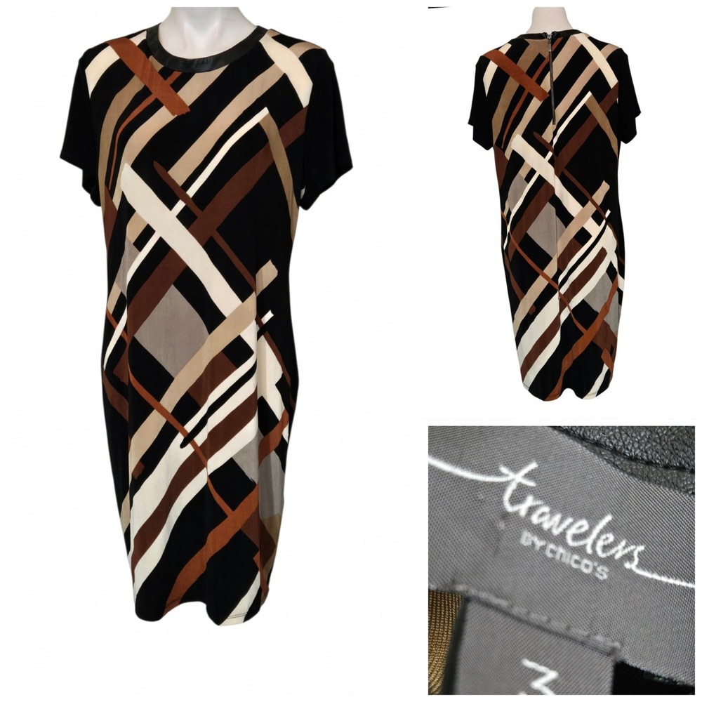 Chicos Travelers Dress Womens 3 XL Black Brown Geometric Faux Leather Trim Shift